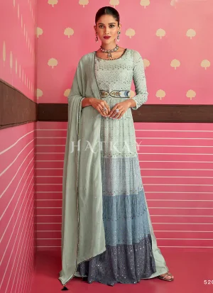 Teal Blue Georgette Sequence Embroidered Wedding Palazzo Suit