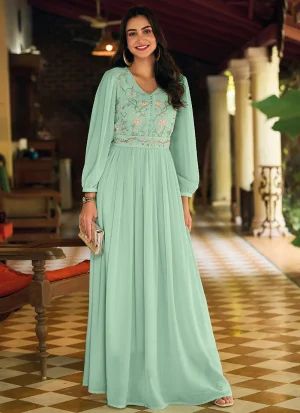 Teal Blue Minimalist Embroidery Flared Gown With Belt