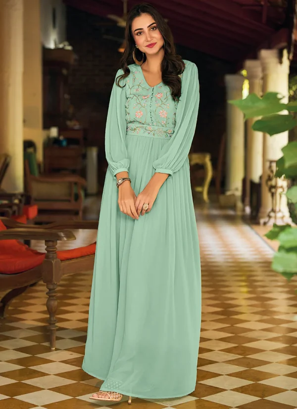 Teal Blue Minimalist Embroidery Flared Gown With Belt
