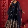 Teal Blue Mirror Sequin And Zari Embroidered Anarkali Suit With Mesh Dupatta