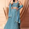 Teal Blue Pleated Lehenga Set With Blouse And Dupatta And Belt