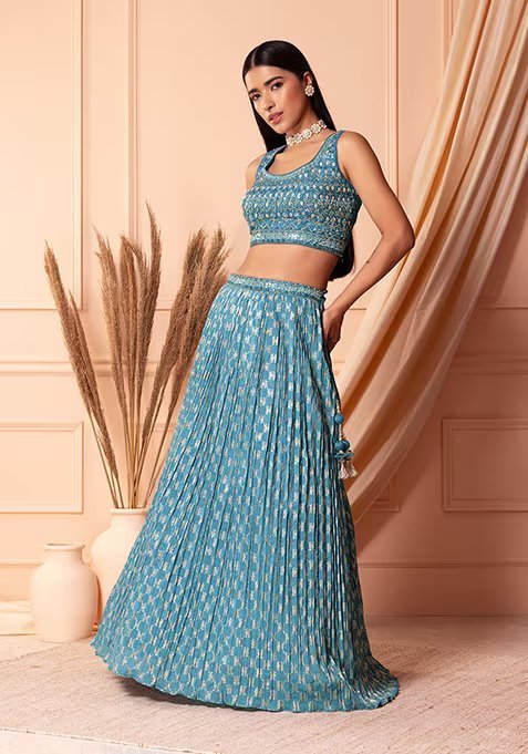 Teal Blue Pleated Lehenga Set With Blouse And Dupatta And Belt