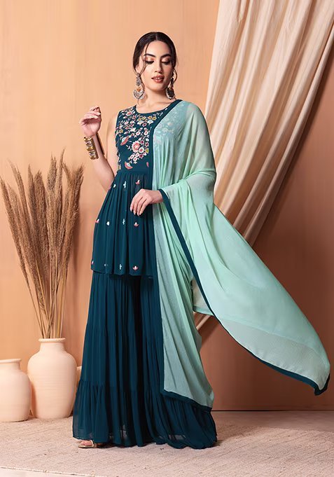 Teal Blue Thread Embroidered Sharara Set With Peplum Kurta And Contrast Dupatta
