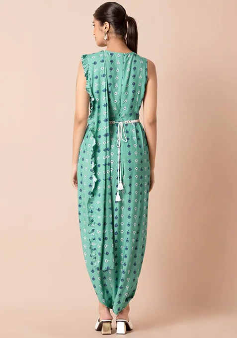 Teal Floral Boota Jumpsuit with Attached Dupatta