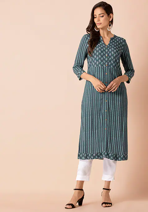 Teal Floral Striped Buttoned Straight Kurta
