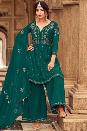 Teal Green Georgette Embroidered Eid Special Palazzo Suit 1
