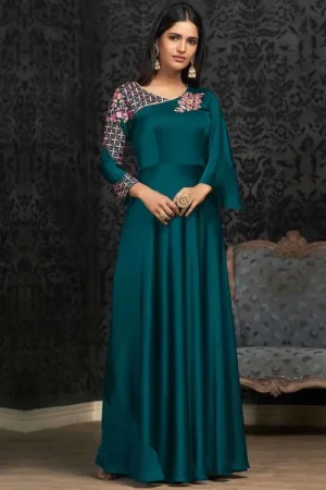 Teal Green Silk Embroidered Party Wear Gown
