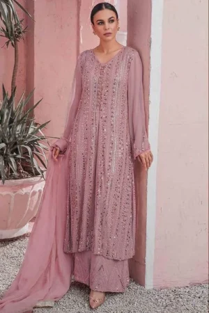 Thread Embroidered Georgette Dusty Pink Palazzo Suit 1