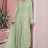 Thread Work Embroidered Georgette Pistachio Green Trouser Suit 1