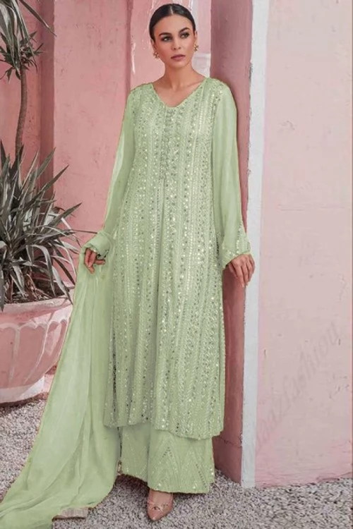 Thread Work Embroidered Georgette Pistachio Green Trouser Suit 1