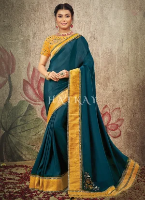 Turquoise And Yellow Embroidery Traditional Silk Saree