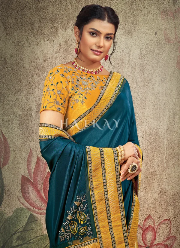 Turquoise And Yellow Embroidery Traditional Silk Saree