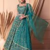Turquoise Blue Floral Print And Embroidered Lehenga Set With Blouse And Dupatta