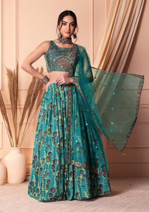 Turquoise Blue Floral Print And Embroidered Tiered Lehenga Set With Blouse And Dupatta