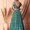 Turquoise Blue Floral Print And Embroidered Tiered Lehenga Set With Blouse And Dupatta