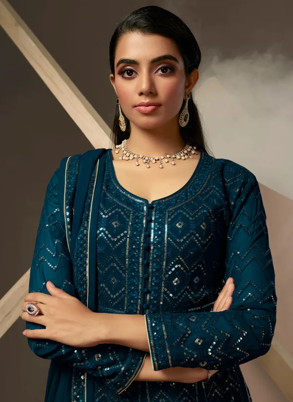 Turquoise Blue Lucknowi Embroidered Anarkali Gown