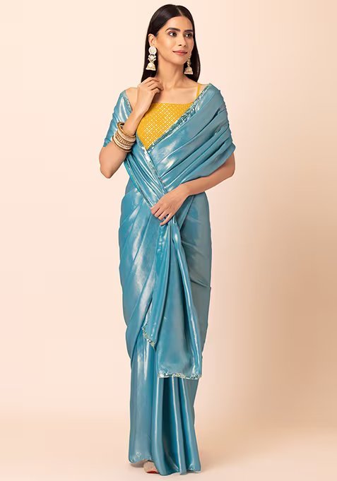 Turquoise Blue Saree With Contrast Unstitched Blouse
