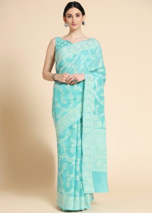 Turquoise Cotton Saree In Woven Work