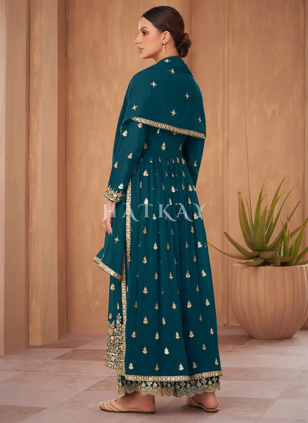 Turquoise Georgette Embroidered Wedding Palazzo Suit
