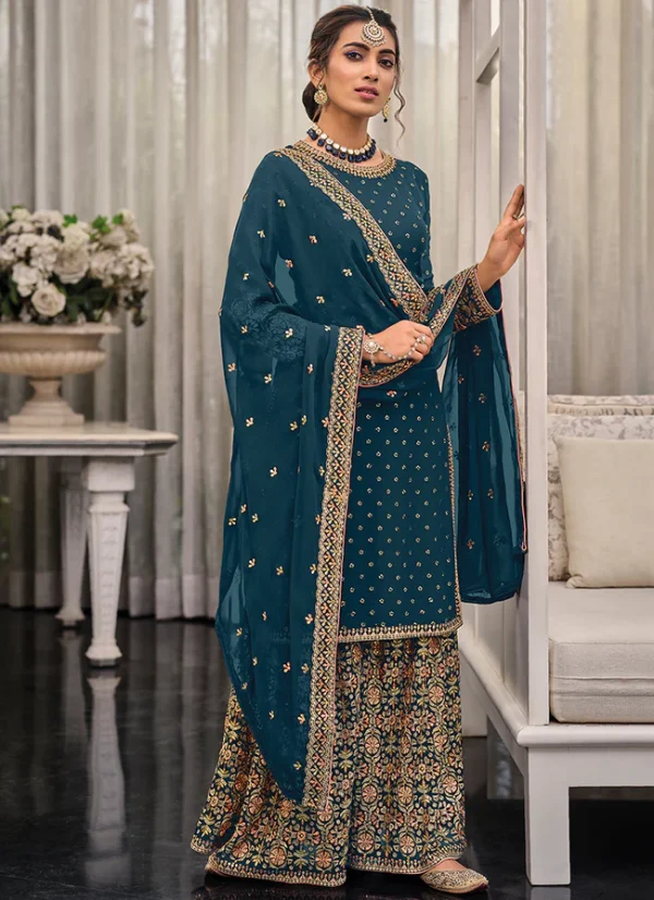 Turquoise Green Multi Embroidered Traditional Palazzo Suit
