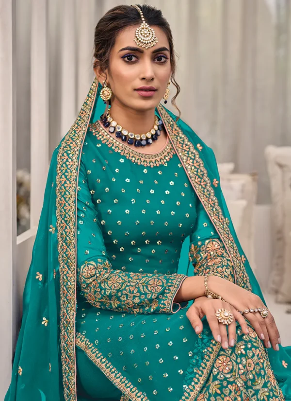 Turquoise Multi Embroidered Traditional Palazzo Suit