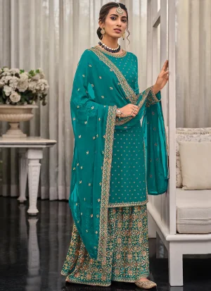 Turquoise Multi Embroidered Traditional Palazzo Suit