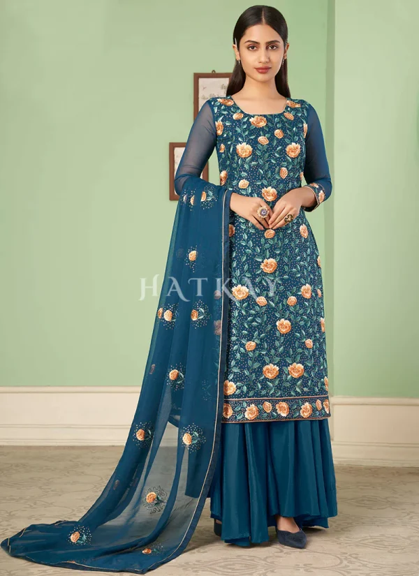 Turquoise Multi Embroidery Georgette Palazzo Suit