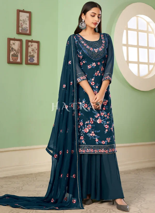 Turquoise Multi Embroidery Georgette Palazzo Suit