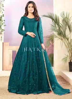 Turquoise Sequence Work Net Anarkali Gown