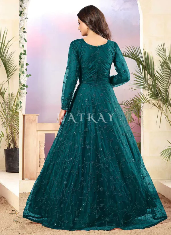 Turquoise Sequence Work Net Anarkali Gown