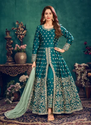 Turquoise Zari Embroidered Slit Style Anarkali Pant Suit
