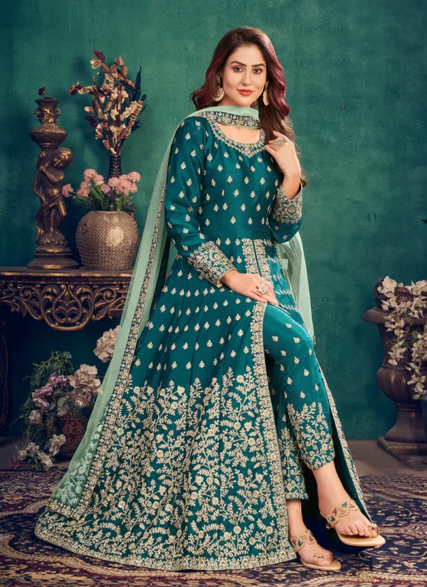 Turquoise Zari Embroidered Slit Style Anarkali Pant Suit