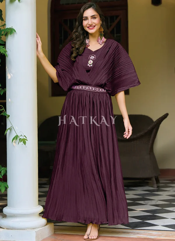 Wine Minimalist Embroidered Crushed Gown