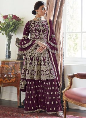 Wine Net Embroidered Palazzo Suit Wedding Wear