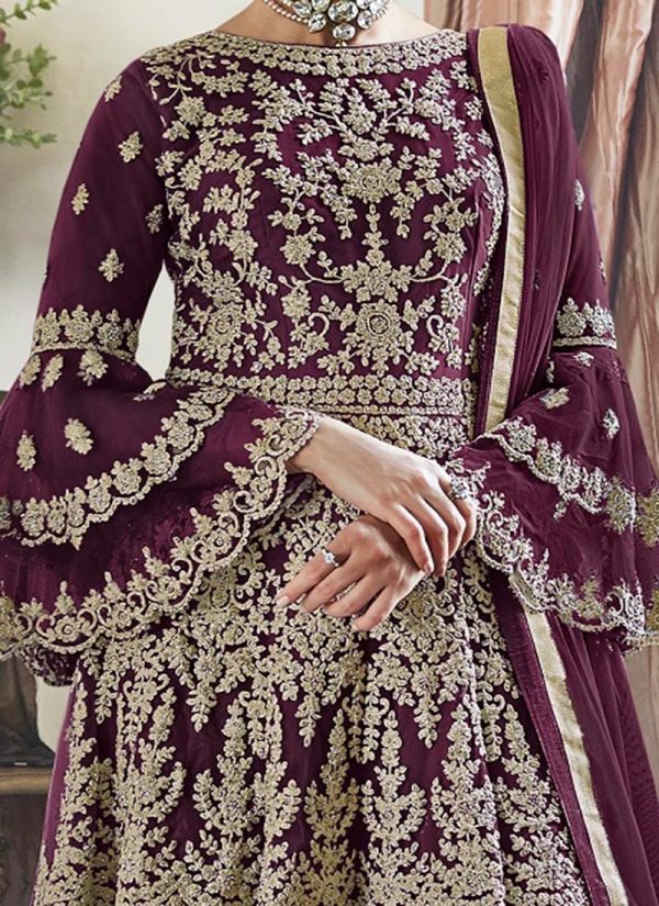 Wine Net Embroidered Palazzo Suit Wedding Wear
