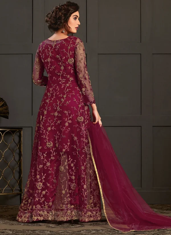 Wine Net Embroidered Straight Pant Suit Wedding Wear