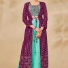 Wine And Blue Embroidered Jacket Style Palazzo Suit