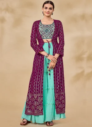 Wine And Blue Embroidered Jacket Style Palazzo Suit