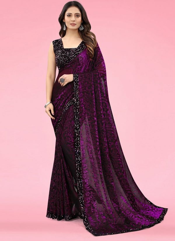 Wine lycra saree with foil print Party Wear