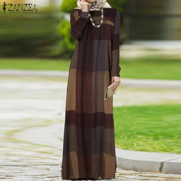 Women Kaftan Long Dress Autumn Vinatge Plaid Checked Pirnted Puff Sleeve Abaya Kaftan Maxi Dress
