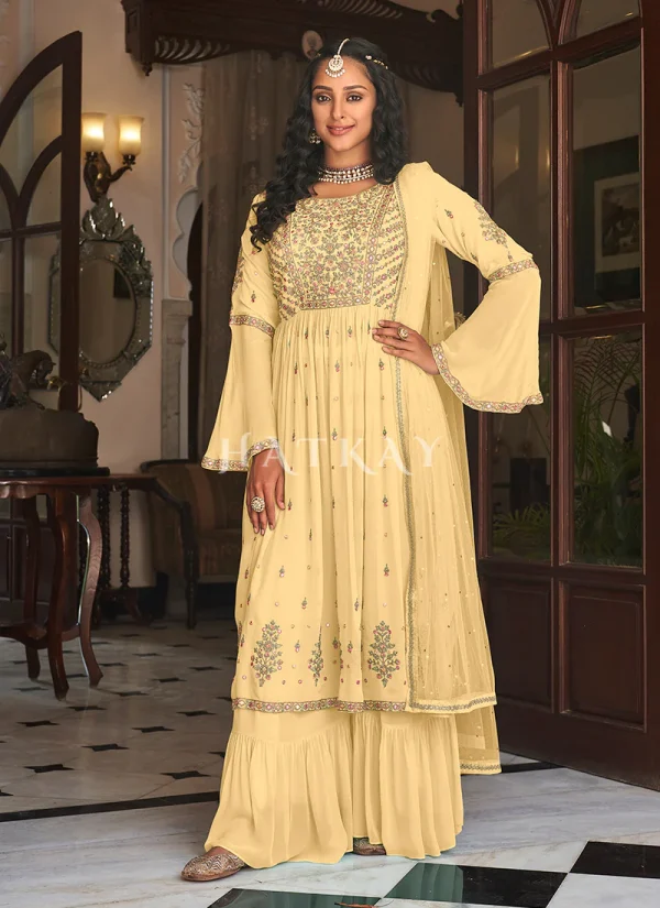 Yellow Embroidered Georgette Festive Palazzo Suit