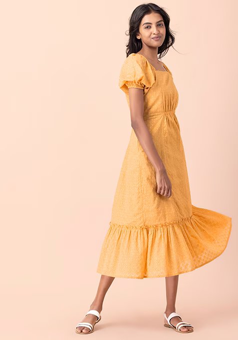 Yellow Floral Print Dobby A-Line Dress
