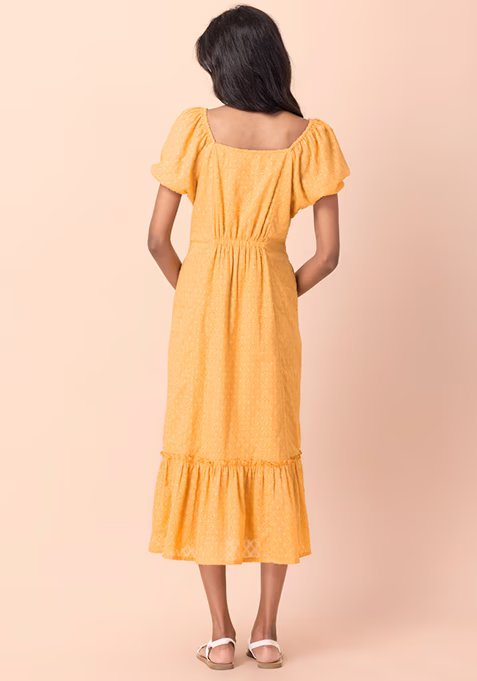 Yellow Floral Print Dobby A-Line Dress