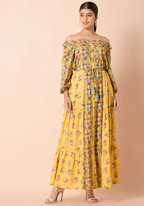 Yellow Floral Side Tiered Buttoned Maxi Kurta