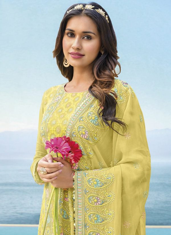 Yellow Georgette Embroidered Straight Pant Suit Party Wear