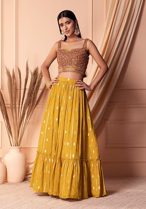 Yellow Jacquard Tiered Lehenga Set With Embroidered Blouse And Dupatta