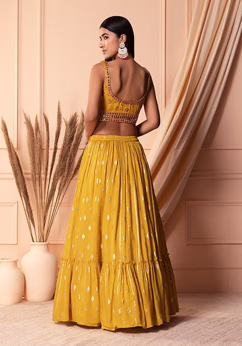 Yellow Jacquard Tiered Lehenga Set With Embroidered Blouse And Dupatta