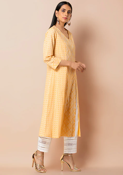 Yellow Khadi Print Cotton Side Slit Kurta