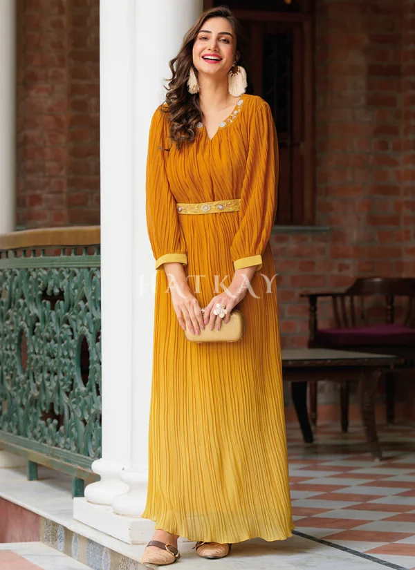 Yellow Ombré Minimalist Embroidered Crushed Gown