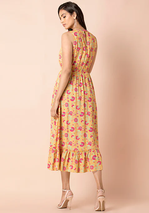 Yellow Pink Floral Ruffled Elasticated Shift Dress